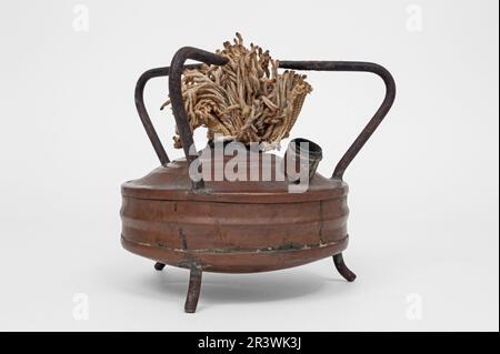 Antica lampada in ottone e olio di rame con stoppino Foto Stock
