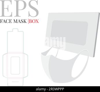 Scatola per maschere faccie, modello fustellato. Casella maschera facciale, vettore. Bianco chiaro bianco bianco maschera vuota isolato su sfondo bianco, illustrazione. Design della confezione Illustrazione Vettoriale