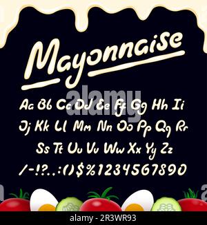 Font, tipo o carattere della salsa maionese. Alfabeto di salsa. Salsa mayo spill cifre e numeri ABC inglese, numeri vettoriali alfabeto cremoso e simboli di punteggiatura o lettere di maionese typeset Illustrazione Vettoriale