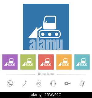 Icone bianche piatte del trattore con pala da neve su sfondo quadrato. 6 icone bonus incluse. Illustrazione Vettoriale