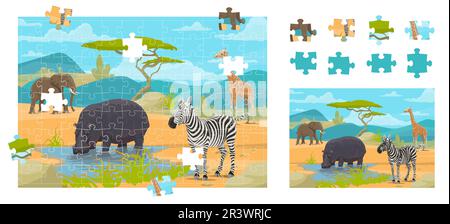 Cartoon savana animali africani. Puzzle puzzle pezzi di gioco. Pezzo corretto collegare puzzle, figura trovare quiz vettore foglio di lavoro o parte partita con ippopotamo, zebra, giraffa, elefante in savana Illustrazione Vettoriale