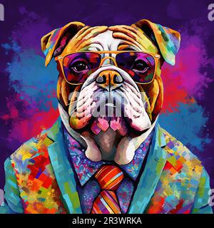 Bulldog colorato Una vivace dichiarazione di moda canina Foto Stock