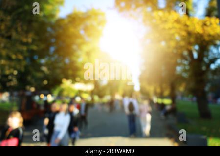 Vista sfocata delle persone che camminano nel parco nelle giornate di sole Foto Stock