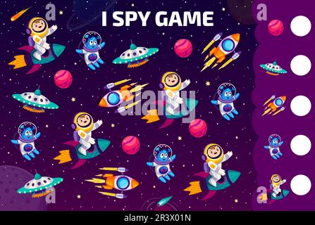 I foglio di lavoro gioco spia. Astronauti di capretto del cartone animato, alieni, ufo e pianeti di spazio. Il numero di oggetti contati è l'enigma della matematica vettoriale. Test per bambini, attività educativa per il calcolo e lo sviluppo della mente del bambino Illustrazione Vettoriale