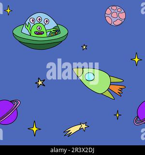 Spazio con stelle, pianeti, razzo e astronave aliena, modello senza cuciture, disegno stile doodle cartoon vettoriale illustrazione Illustrazione Vettoriale