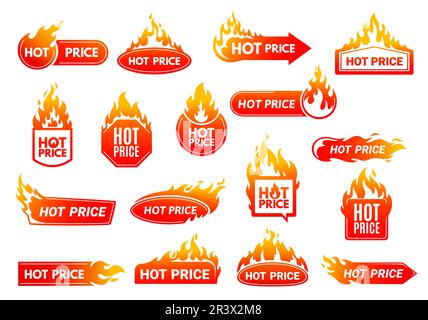 Hot price deal promozione etichette con fiamme. Shop vendita o sconto promozione banner vettoriale, prezzo del prodotto caduta pubblicità etichetta o badge, sconto rotondo, linea e adesivo quadrato con fiamme calde Illustrazione Vettoriale