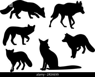 Collezione silhouettes selvaggio animali selvaggi foresta volpe e lupo. Illustrazione vettoriale. Disegni a mano isolati predatori su sfondo bianco per il design Illustrazione Vettoriale