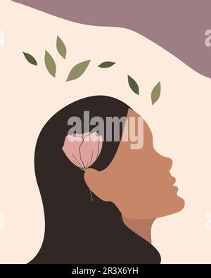 Profilo femminile astratto con fiore. Forma del viso femminile disegnata a mano con un fiore rosa nei capelli. Design minimalista. Grafica vettoriale Illustrazione Vettoriale