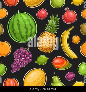 Vector Fruit senza cuciture modello, sfondo scuro ripetizione con varietà ritagliata frutta succosa per carta da imballaggio decorativa, poster con gruppo di piatto di lay h Illustrazione Vettoriale