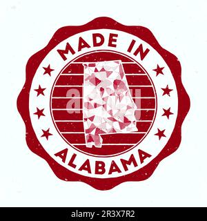 Fabbricato in Alabama. Francobollo rotondo dello stato AMERICANO. Sigillo dell'Alabama con forma di confine. Badge vintage con testo circolare e stelle. Illustrazione vettoriale. Illustrazione Vettoriale