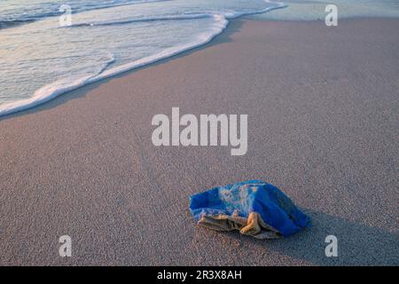 Plastica abbandonata sulla spiaggia, es Trucadors , Formentera, Isole Pitiusas, Comunità Baleari, Spagna. Foto Stock