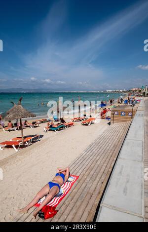 El Arenal Beach, Llucmajor, Mallorca, Isole Baleari, Spagna. Foto Stock