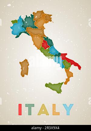 Mappa Italia. Poster del paese con aree colorate. Vecchio grunge texture. Illustrazione vettoriale dell'Italia con nome del paese. Illustrazione Vettoriale