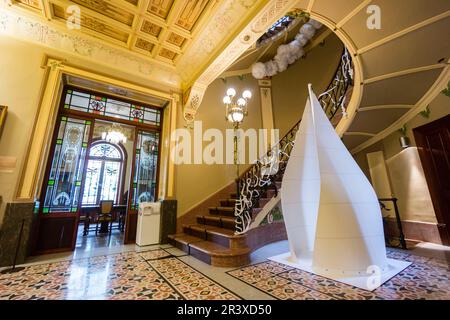 Edificio de estilo modernista de Can Prunera, siglo XX, Soller, Sierra de Tramuntana, Maiorca, isole Baleari, Spagna, Europa. Foto Stock