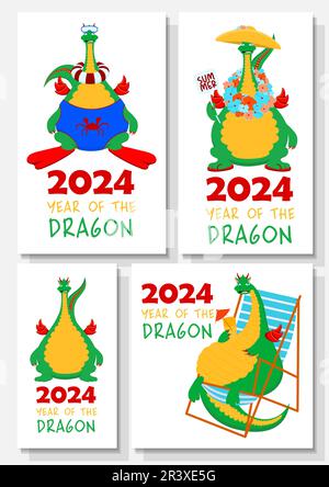 Collezione di simpatici personaggi drago. Il drago verde è il simbolo di 2024 Illustrazione Vettoriale
