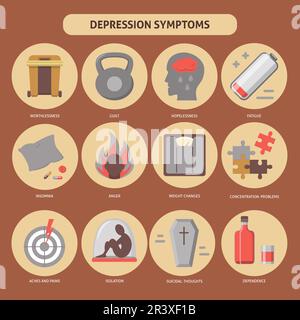 Raccolta di icone sintomi depressione isolato. 12 segni di malattia in stile piatto. Illustrazione Vettoriale