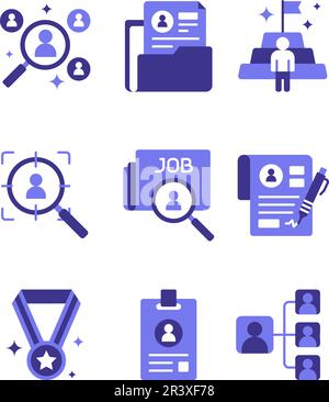 Progettazione di fogli icone per reclutamento e dipendenti. HR risorse umane duotone stile icone set Illustrazione Vettoriale