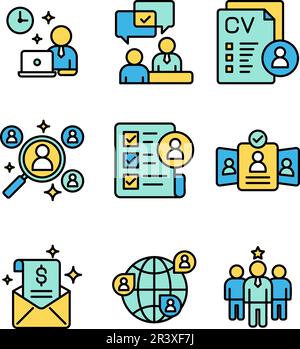 Progettazione di fogli icone per reclutamento e dipendenti. Risorse umane HR Set di icone colorate per lo stile della linea Illustrazione Vettoriale