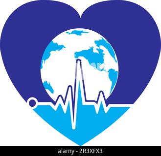 Icona di disegno del logo del globo del pulse. Cardiogramma a impulsi e logo vettoriale dell'icona Globe. Icona del globo terrestre con battito cardiaco. Illustrazione Vettoriale