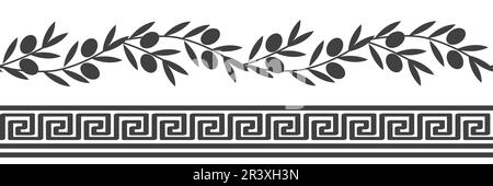 Motivo senza cuciture con ornamento romano e rami di ulivo. Bordo decorativo vettoriale per decorazioni murali, confezioni di olio d'oliva, piastrelle, cartoline Illustrazione Vettoriale
