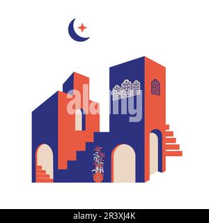 Astratti creativi e minimalisti. Facciata della casa o della moschea con fontana d'acqua, lampada a candela, scale, piante da interno. Illustrazione vettoriale. Illustrazione Vettoriale