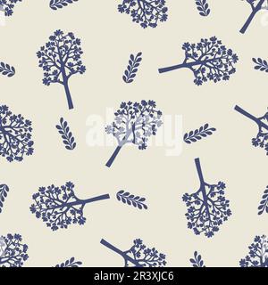 Struttura vettoriale stravagante con motivo blu dell'albero della foresta. Decorazione senza cuciture di un bizzarro disegno botanico boschivo per lo sfondo di scandi. Illustrazione Vettoriale