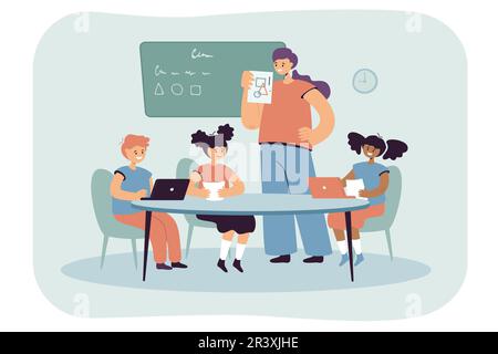 Insegnante che mostra ai bambini immagini con forme geometriche Illustrazione Vettoriale