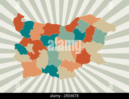 Mappa della Bulgaria. Poster con mappa del paese in tavolozza di colori retrò. Forma della Bulgaria con sfondo di raggi di sole. Illustrazione vettoriale. Illustrazione Vettoriale