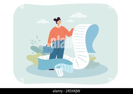 Rovesciato donna d'affari che tiene la lista di controllo lunga o documento di pagamento Illustrazione Vettoriale