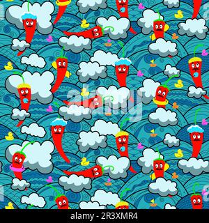 Simpatico fuoco divertente e peperoncino modello blu. Cartoon vettoriale disegnato a mano. il peperoncino si bagna. Illustrazione Vettoriale