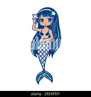 Carino sirena con pelle di colore scuro su sfondo bianco. Illustrazione vettoriale. Illustrazione Vettoriale