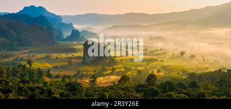 Alba con nebbia a Phu Langka nel nord della Thailandia, vista sulle montagne del Parco Nazionale di Phu Langka Foto Stock