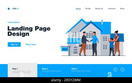 Famiglia felice con il capretto che compra la nuova casa Illustrazione Vettoriale