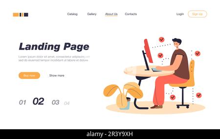 Uomo che mostra la posizione corretta per sedersi alla scrivania Illustrazione Vettoriale