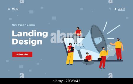 Cartoni animati piccoli gestori con altoparlante gigante e notebook Illustrazione Vettoriale