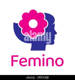 Donna con un fiore rosa nei capelli, logo femminile vettoriale. Illustrazione Vettoriale