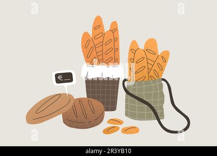 Set da forno. Baguette in un cestino, pane rotondo di segale, panini e un prezzo. Illustrazione del trend piatto vettoriale con trame. Illustrazione Vettoriale