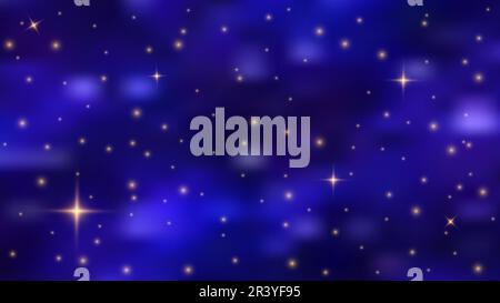 Le stelle dorate si illuminano su un cielo potente. Sfondo spaziale orizzontale con nebulosa realistica, stelle e stelle brillanti. Universo infinito, scintilla notturna Illustrazione Vettoriale