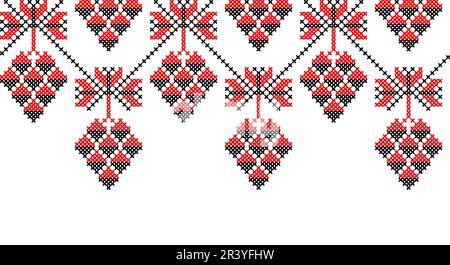 Sfondo vettoriale ramo uva, bordo. Tradizionale ricamo ucraino di bordo uva in rosso e nero. Pixel art, vyshyvanka, punto a croce Illustrazione Vettoriale