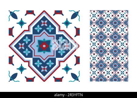 Piastrelle islamiche di sfondo texture. Piastrella decorativa in ceramica colorata. Design colorato. Set di pattern vettoriali senza giunture. Illustrazione Vettoriale
