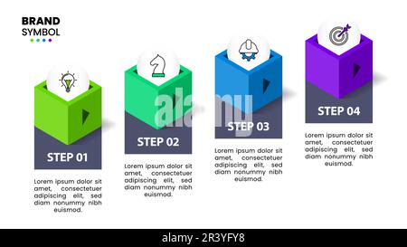 Modello infografico con icone e 4 opzioni o passaggi. Cubi. Può essere utilizzato per il layout del flusso di lavoro, il diagramma, il banner, il webdesign. Illustrazione vettoriale Illustrazione Vettoriale