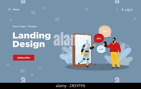 Piccolo uomo che chiacchiera online con l'assistente ai Illustrazione Vettoriale