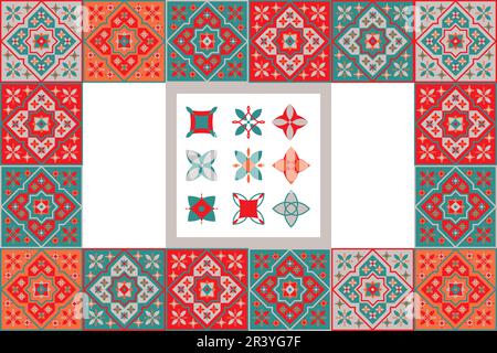 Marocco piastrelle texture sfondo. Piastrella decorativa in ceramica colorata. Design colorato. Set di pattern vettoriali senza giunture. Illustrazione Vettoriale