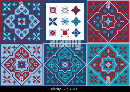 Marocco piastrelle texture sfondo. Piastrella decorativa in ceramica colorata. Design colorato. Set di pattern vettoriali senza giunture. Illustrazione Vettoriale