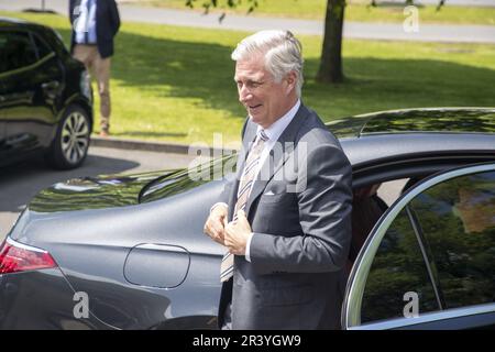 Seneffe, Belgio. 25th maggio, 2023. Re Filippo - Filip del Belgio arriva per una visita reale al centro di formazione biofarmaceutica Aptaskil di Seneffe giovedì 25 maggio 2023. FOTO DI BELGA NICOLAS MAETERLINCK Credit: Belga News Agency/Alamy Live News Foto Stock