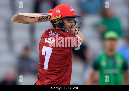 Phil Salt of Lanashire Lightning batting durante la partita Vitality Blast Lancashire Lightning vs Leicestershire Foxes a Old Trafford, Manchester, Regno Unito, 25th maggio 2023 (Photo by Conor Molloy/News Images) a Manchester, Regno Unito il 5/25/2023. (Foto di Conor Molloy/News Images/Sipa USA) Foto Stock