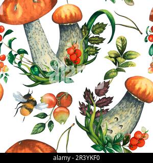 Motivo acquerello senza cuciture con funghi rossi selvatici con foglie, mirtilli rossi, ago di pino, bumblebee. Illustrazione isolata disegnata a mano su Foto Stock