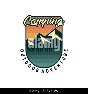 Camping all'aperto avventura badge logo disegno vettore stile retrò illustrazione Illustrazione Vettoriale