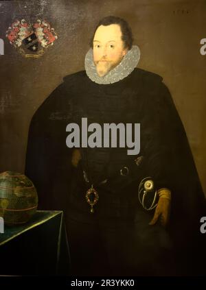 Sir Francis Drake (1540-96), ritratto, pittura, Marcus Gheeraerts, 1591, Queen's House Museum, Greenwich, Londra, Regno Unito. Foto Stock