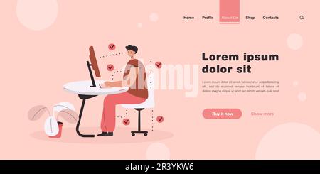 Uomo che mostra la posizione corretta per sedersi alla scrivania Illustrazione Vettoriale